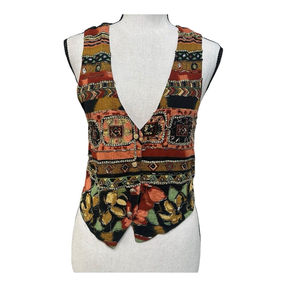 Vintage Thums-Up Boho Embroidered Patchwork Vest | Beaded Festival Top | Size S